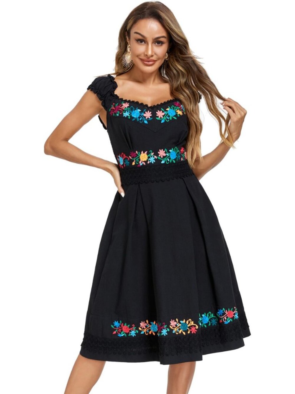 Mexican Dress for Women Embroidered Off Shoulder Peasant Cotton Dress Boho